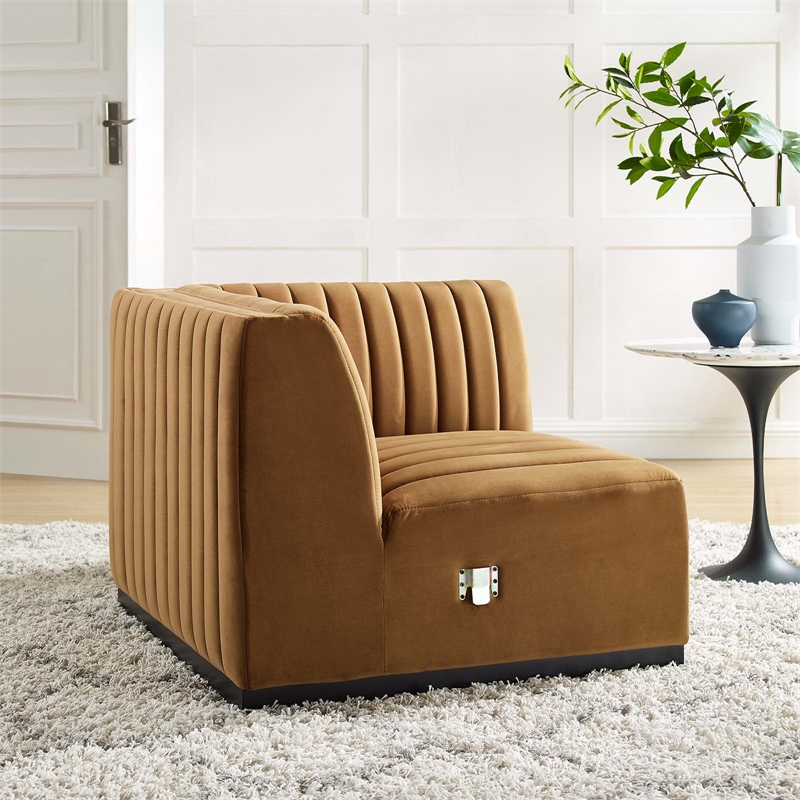 Pemberly Row Channel Tufted Velvet Right Corner Chair in Cognac
