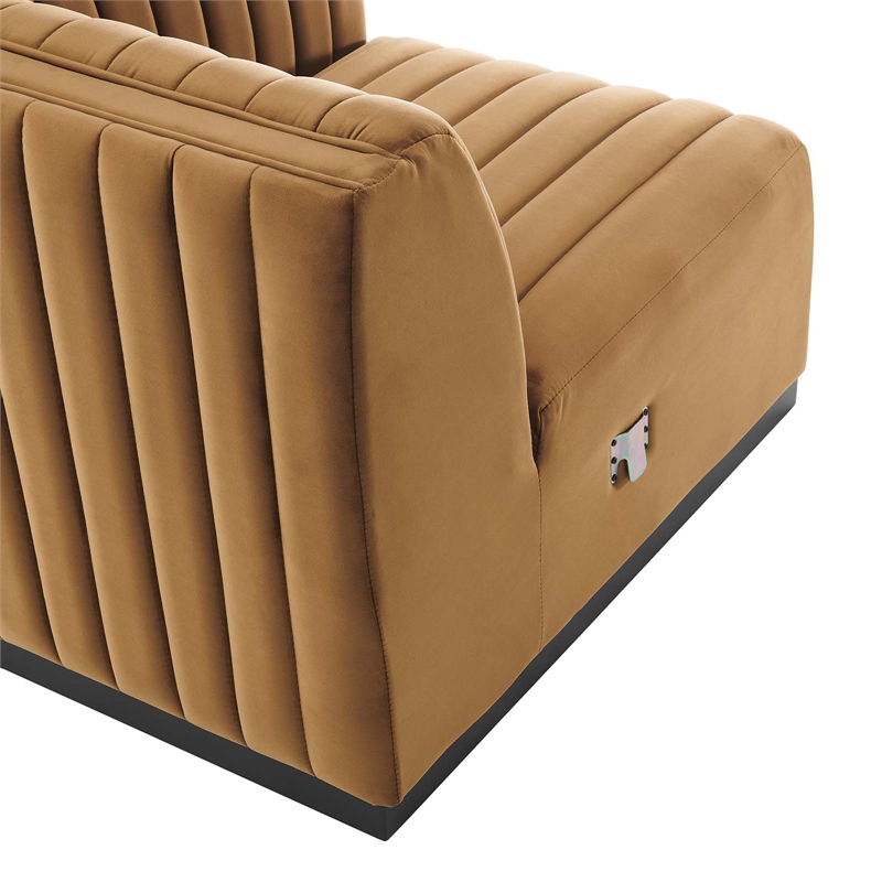 Pemberly Row Channel Tufted Velvet Right Corner Chair in Cognac