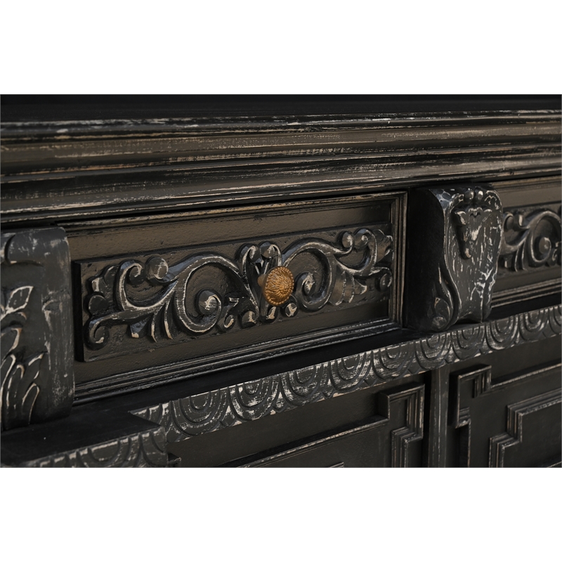 Pemberly Row Carved Solid Wood Sideboard with 4 Drawers and Doors in Black