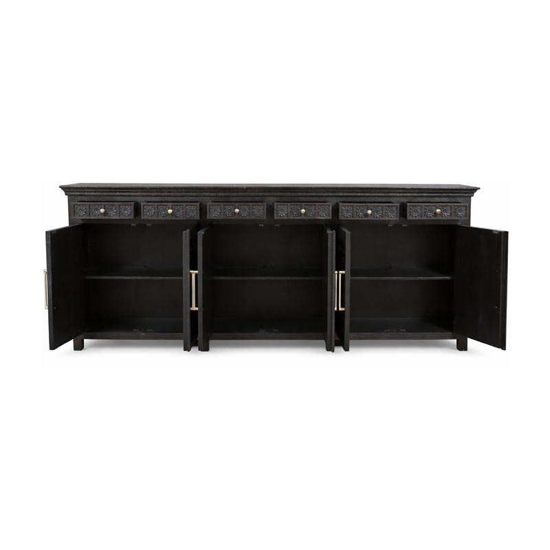 Pemberly Row Isabella 6-Drawer 6-Door Solid Wood Sideboard in Black