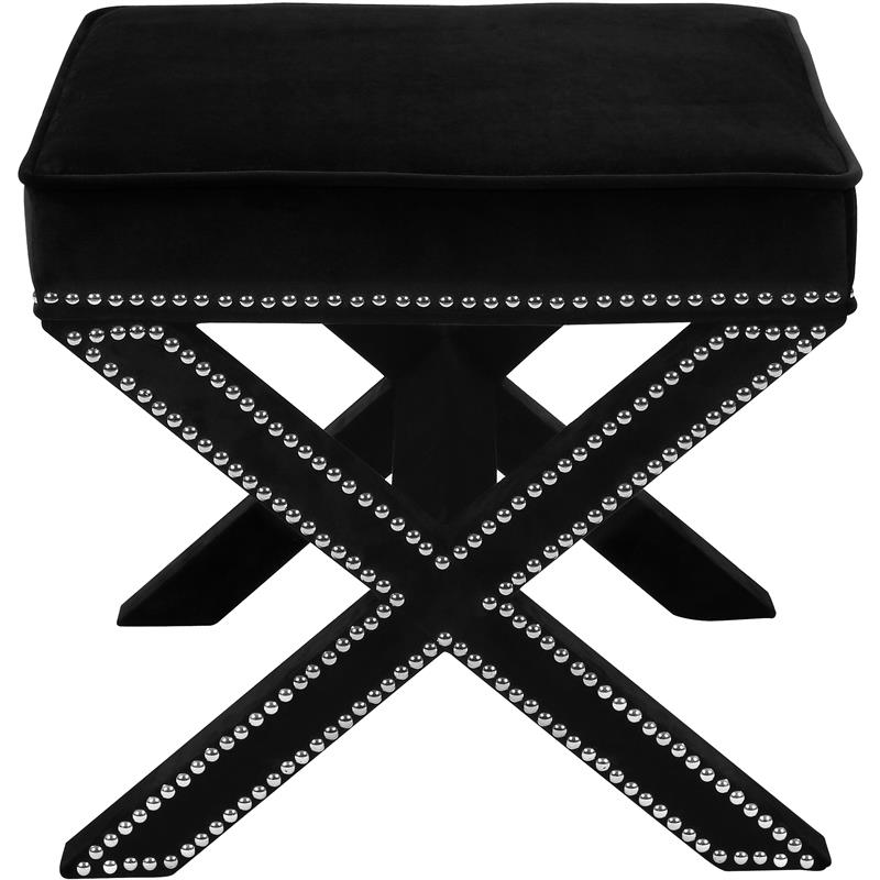 Pemberly Row Contemporary Velvet Ottoman Bench in Black with Chrome Trim