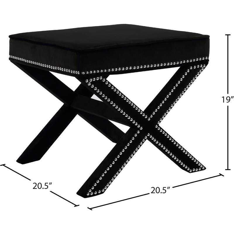 Pemberly Row Contemporary Velvet Ottoman Bench in Black with Chrome Trim
