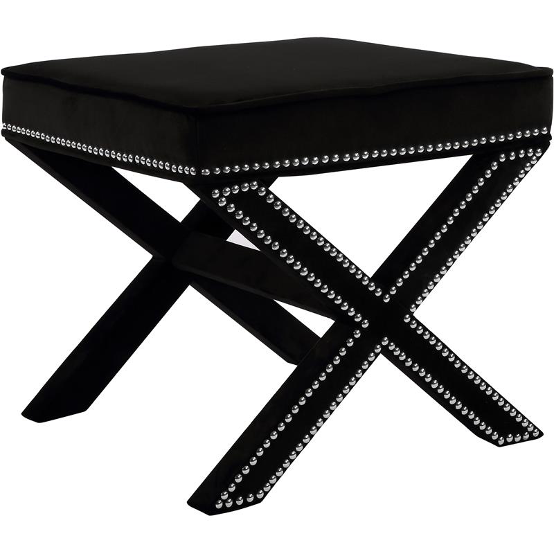 Pemberly Row Contemporary Velvet Ottoman Bench in Black with Chrome Trim