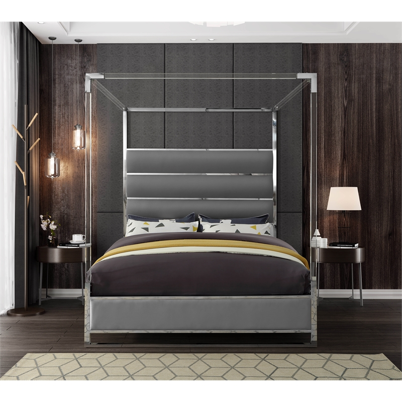 Pemberly Row Contemporary Vegan Leather Acrylic King Canopy Bed in Gray