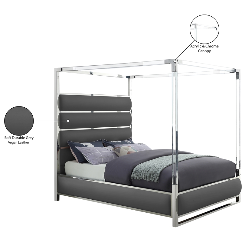 Pemberly Row Contemporary Vegan Leather Acrylic King Canopy Bed in Gray