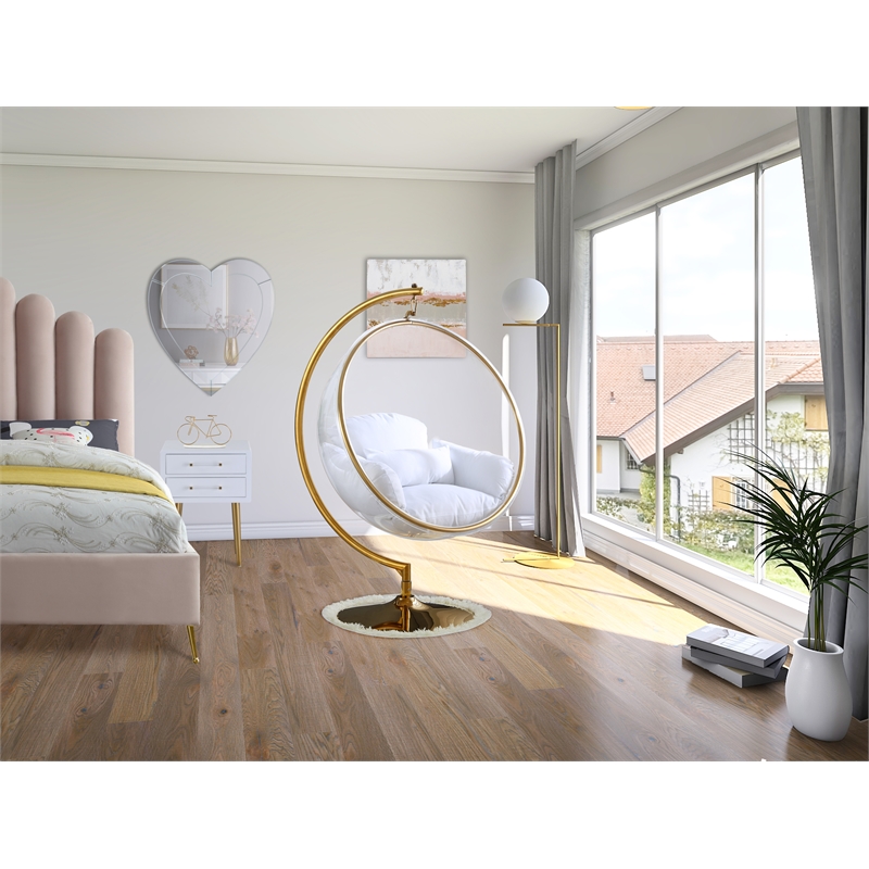 Pemberly Row Acrylic Swing Bubble Chair with Fabric Seat in Clear and Gold