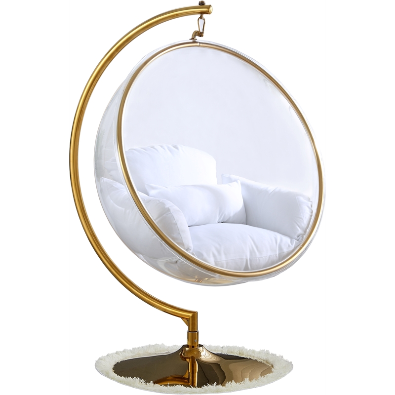 Pemberly Row Acrylic Swing Bubble Chair with Fabric Seat in Clear and Gold