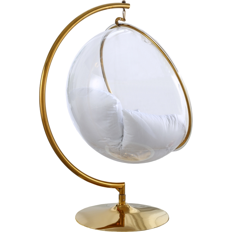 Pemberly Row Acrylic Swing Bubble Chair with Fabric Seat in Clear and Gold