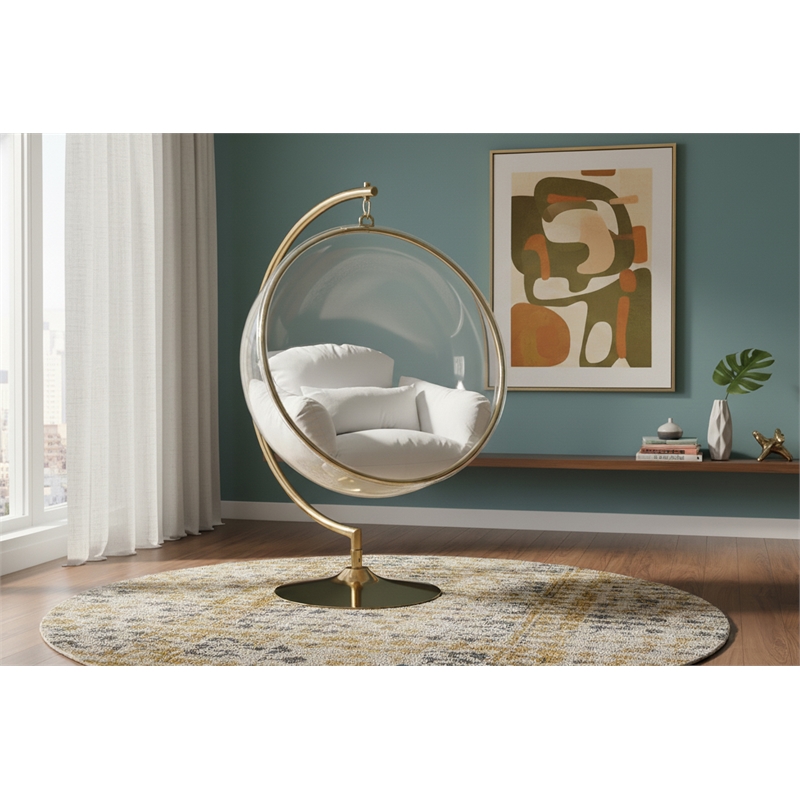 Pemberly Row Acrylic Swing Bubble Chair with Fabric Seat in Clear and Gold