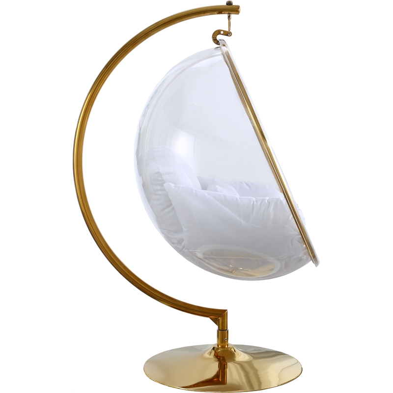 Pemberly Row Acrylic Swing Bubble Chair with Fabric Seat in Clear and Gold