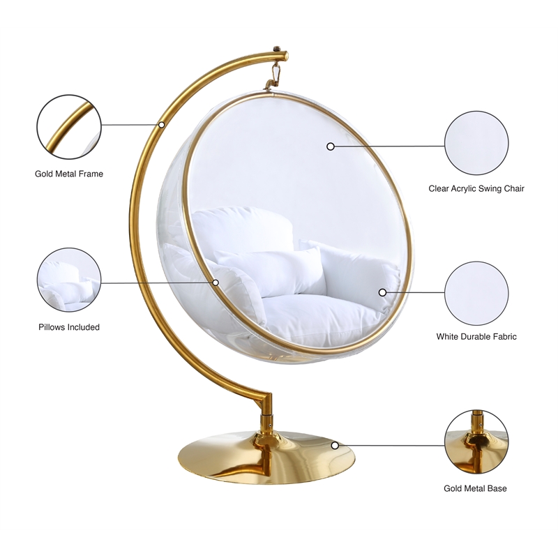 Pemberly Row Acrylic Swing Bubble Chair with Fabric Seat in Clear and Gold