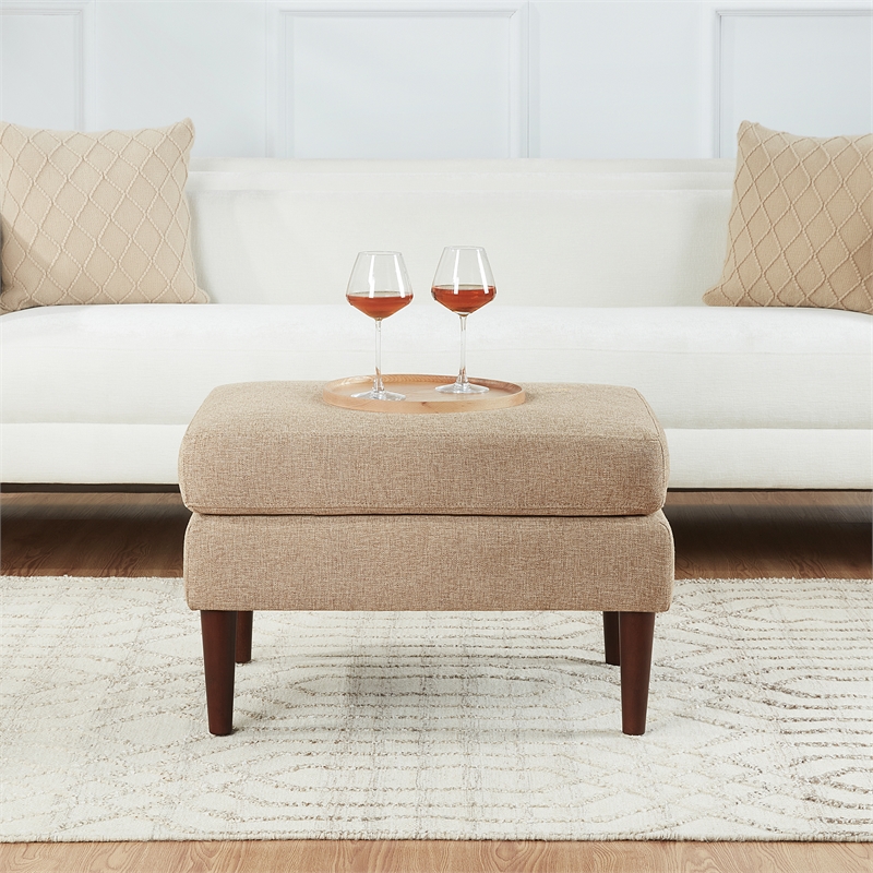 Pemberly Row Mid Century Ottoman in Beige Fabric with Wood Legs