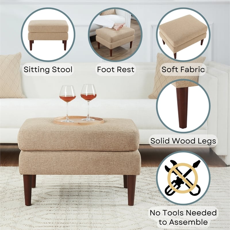 Pemberly Row Mid Century Ottoman in Beige Fabric with Wood Legs