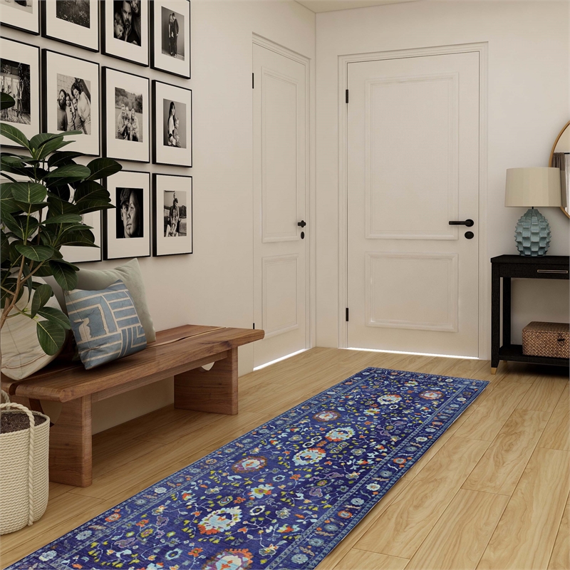 Pemberly Row Oushak-Patterned Polyester 2' x 10' Runner Rug in Navy