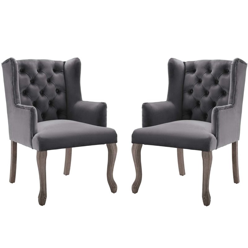 Pemberly Row Performance Velvet Tufted Arm Chairs in Grey (Set of 2)