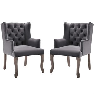 Pemberly Row Performance Velvet Tufted Arm Chairs in Grey (Set of 2)