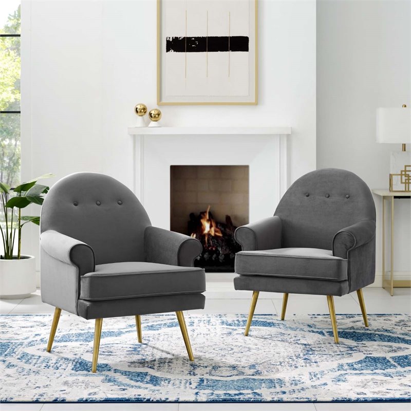 Pemberly Row 2 Gray Velvet Arm Chairs with Gold Legs and Button Tufting