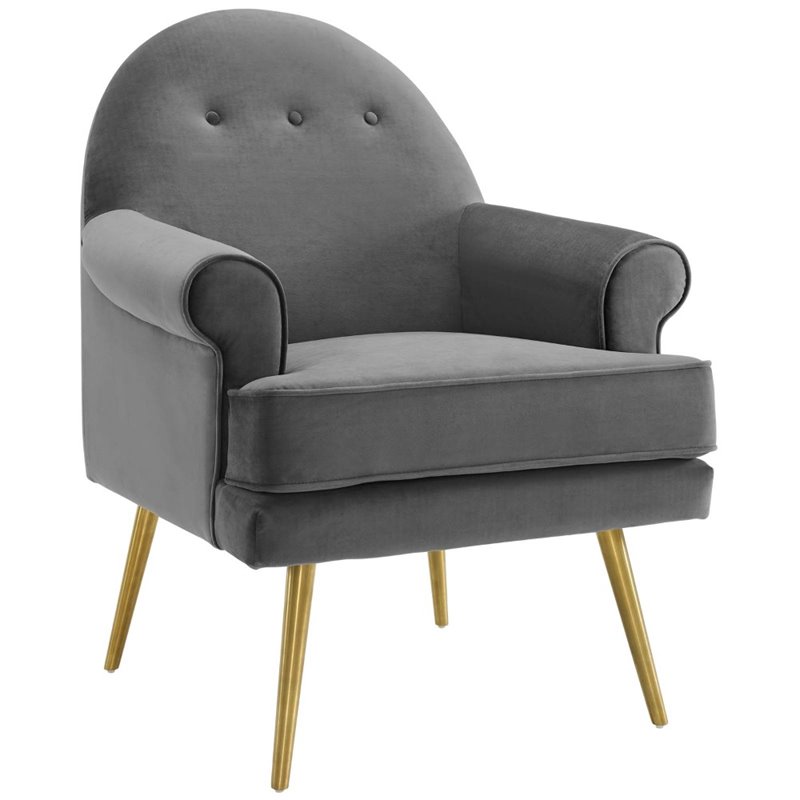 Pemberly Row 2 Gray Velvet Arm Chairs with Gold Legs and Button Tufting