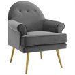 Pemberly Row 2 Gray Velvet Arm Chairs with Gold Legs and Button Tufting