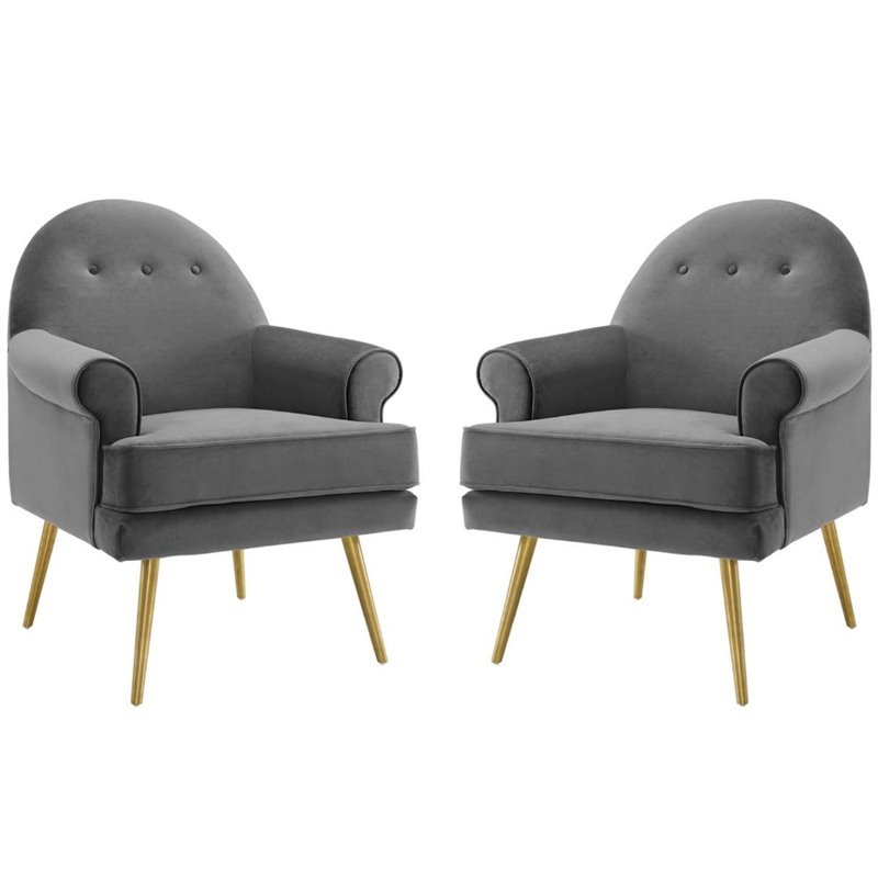 Pemberly Row 2 Gray Velvet Arm Chairs with Gold Legs and Button Tufting