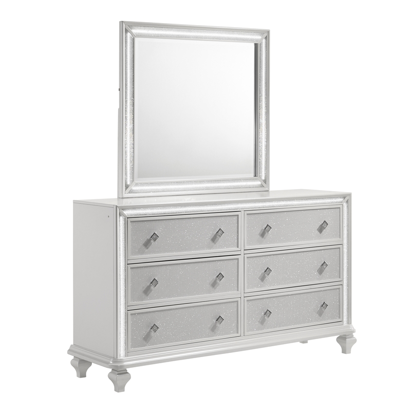 Pemberly Row Wood 6-Drawer Dresser with Mirror in White with LED Lights