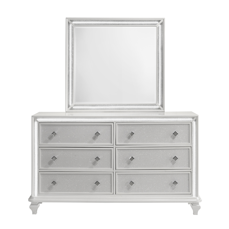 Pemberly Row Wood 6-Drawer Dresser with Mirror in White with LED Lights