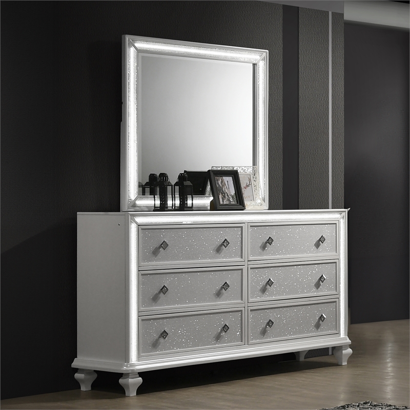 Pemberly Row Wood 6-Drawer Dresser with Mirror in White with LED Lights