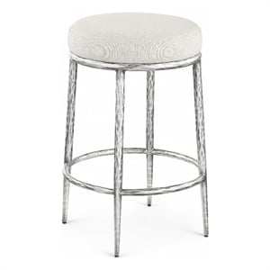 Pemberly Row Cream Linen Textured Fabric Counter Stool with Silver Legs
