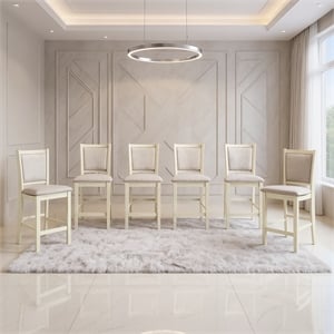 Pemberly Row Wood Counter Chairs in Beige Upholstery (Set of 6)