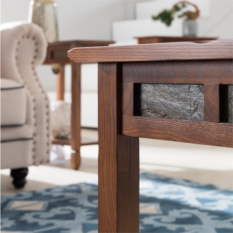 Pemberly Row Rustic Slate Wood Coffee Table in Rustic Oak Finish