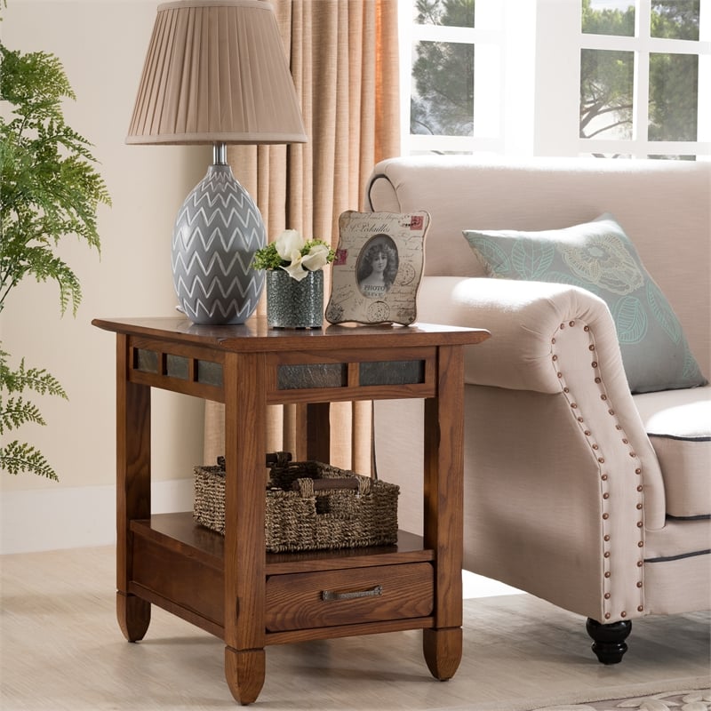 Pemberly Row Rustic Oak Wood End Table with Storage Drawer
