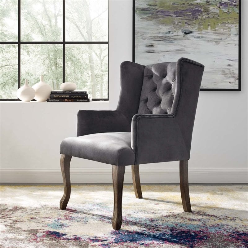 Pemberly Row French Vintage Velvet Dining Armchair in Gray