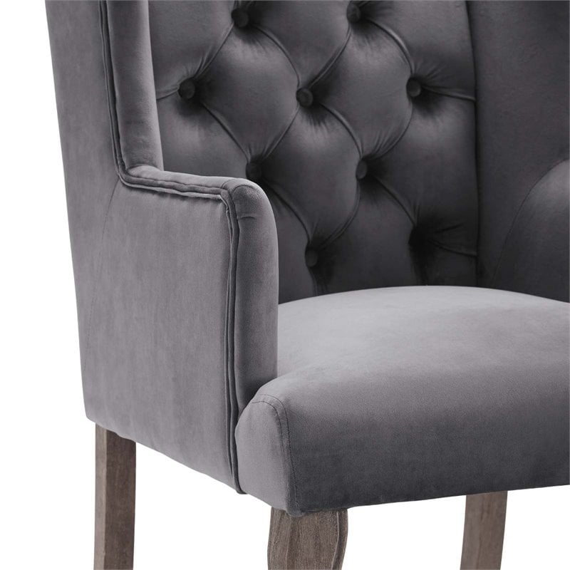 Pemberly Row French Vintage Velvet Dining Armchair in Gray