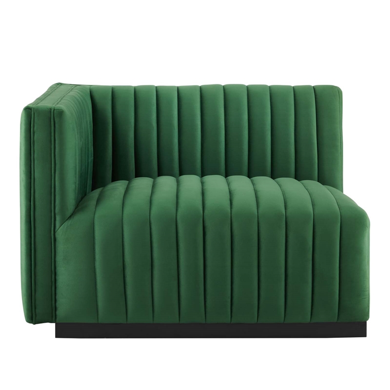 Pemberly Row Channel Tufted Velvet Left-Arm Chair with Black Base in Emerald