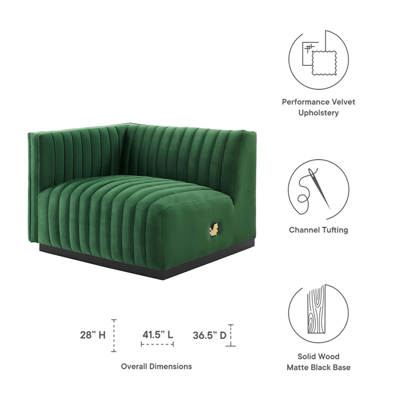Pemberly Row Channel Tufted Velvet Left-Arm Chair with Black Base in Emerald