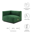 Pemberly Row Channel Tufted Velvet Left-Arm Chair with Black Base in Emerald