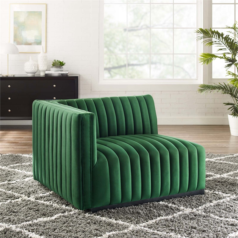Pemberly Row Channel Tufted Velvet Left-Arm Chair with Black Base in Emerald