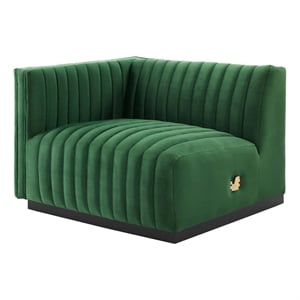 Pemberly Row Channel Tufted Velvet Left-Arm Chair with Black Base in Emerald