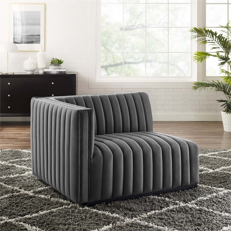 Pemberly Row Channel Tufted Velvet Left-Arm Chair with Black Base in Gray