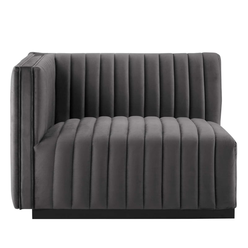 Pemberly Row Channel Tufted Velvet Left-Arm Chair with Black Base in Gray