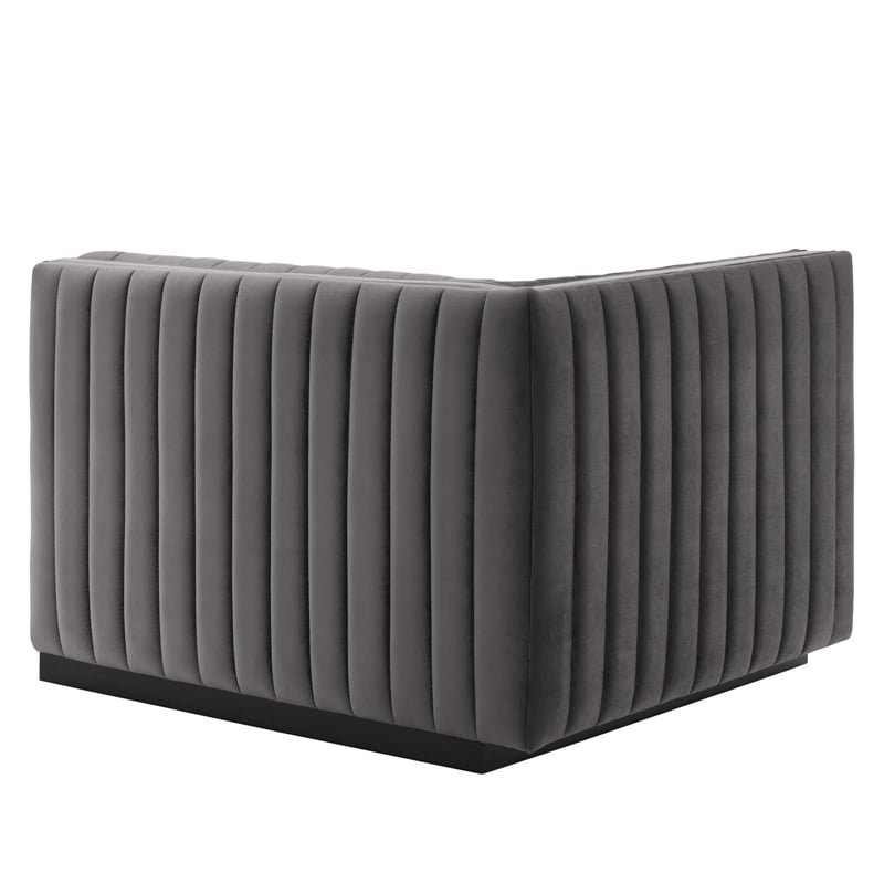 Pemberly Row Channel Tufted Velvet Left-Arm Chair with Black Base in Gray