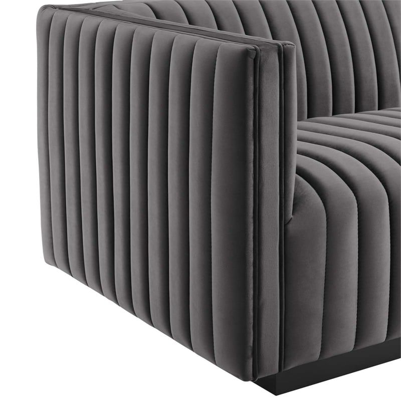 Pemberly Row Channel Tufted Velvet Left-Arm Chair with Black Base in Gray