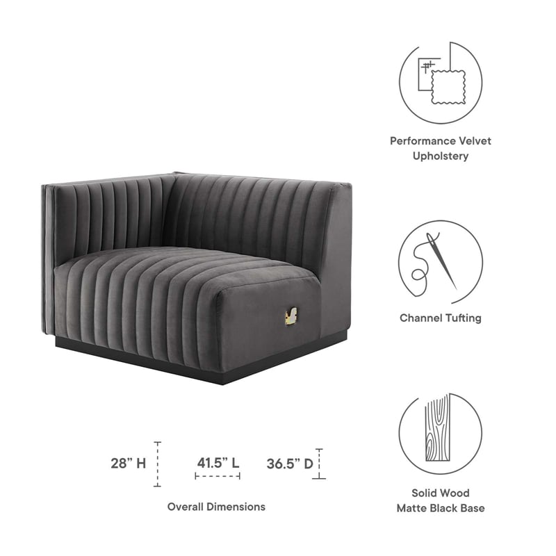 Pemberly Row Channel Tufted Velvet Left-Arm Chair with Black Base in Gray
