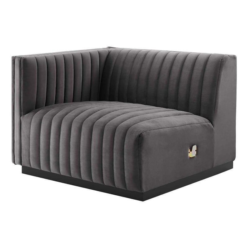 Pemberly Row Channel Tufted Velvet Left-Arm Chair with Black Base in Gray