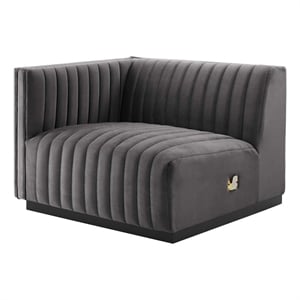 Pemberly Row Channel Tufted Velvet Left-Arm Chair with Black Base in Gray