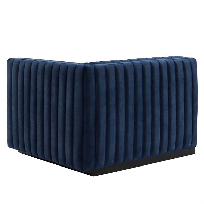 Pemberly Row Channel Tufted Velvet Right-Arm Chair with Black Base in Blue