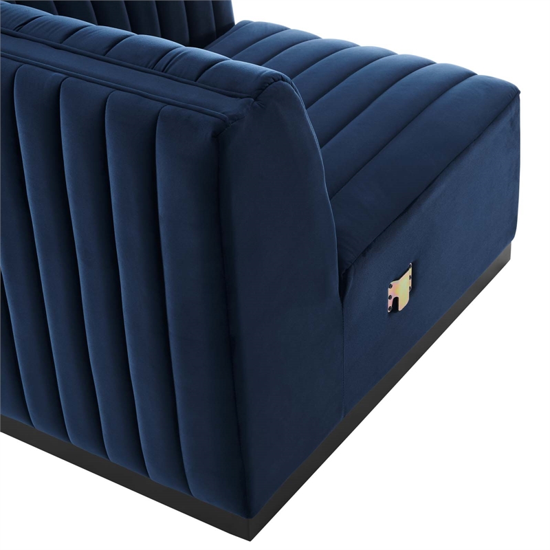 Pemberly Row Channel Tufted Velvet Right-Arm Chair with Black Base in Blue
