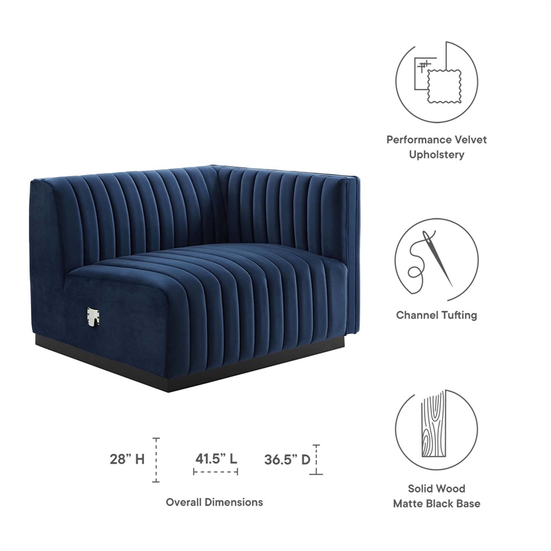 Pemberly Row Channel Tufted Velvet Right-Arm Chair with Black Base in Blue