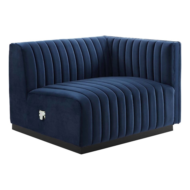 Pemberly Row Channel Tufted Velvet Right-Arm Chair with Black Base in Blue