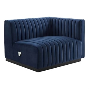 Pemberly Row Channel Tufted Velvet Right-Arm Chair with Black Base in Blue
